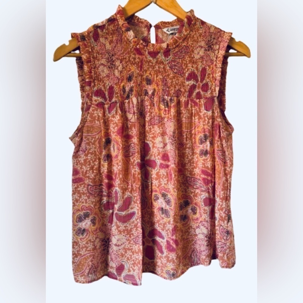 Nanette Lepore salmon & pnk smocked top babydoll top w rffles SZ M peasant boho
